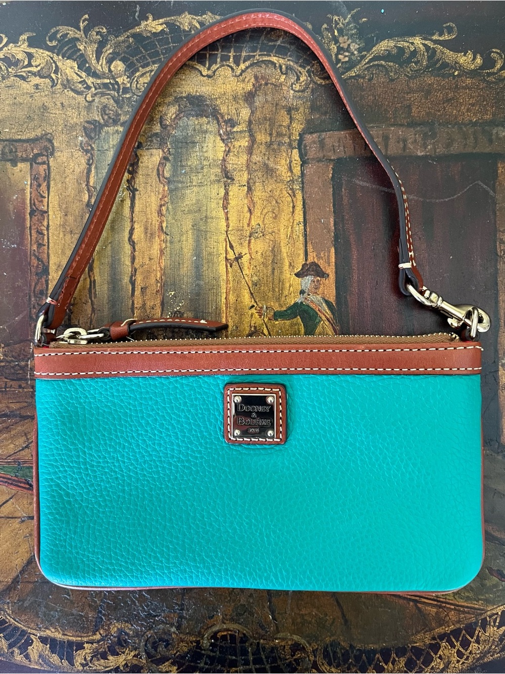 Dooney & Bourke Emerald Leather Wristlet with Brown Trim